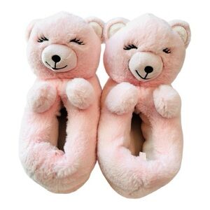 Old Navy Faux-Fur Pink Teddy Bear Critter Soft Plush Slippers for Girls XL (3-4)